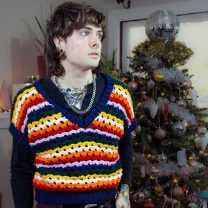 NWT Handmade Crochet Sweater Vest Unisex XL Rainbow Colorful Oversized Chunky